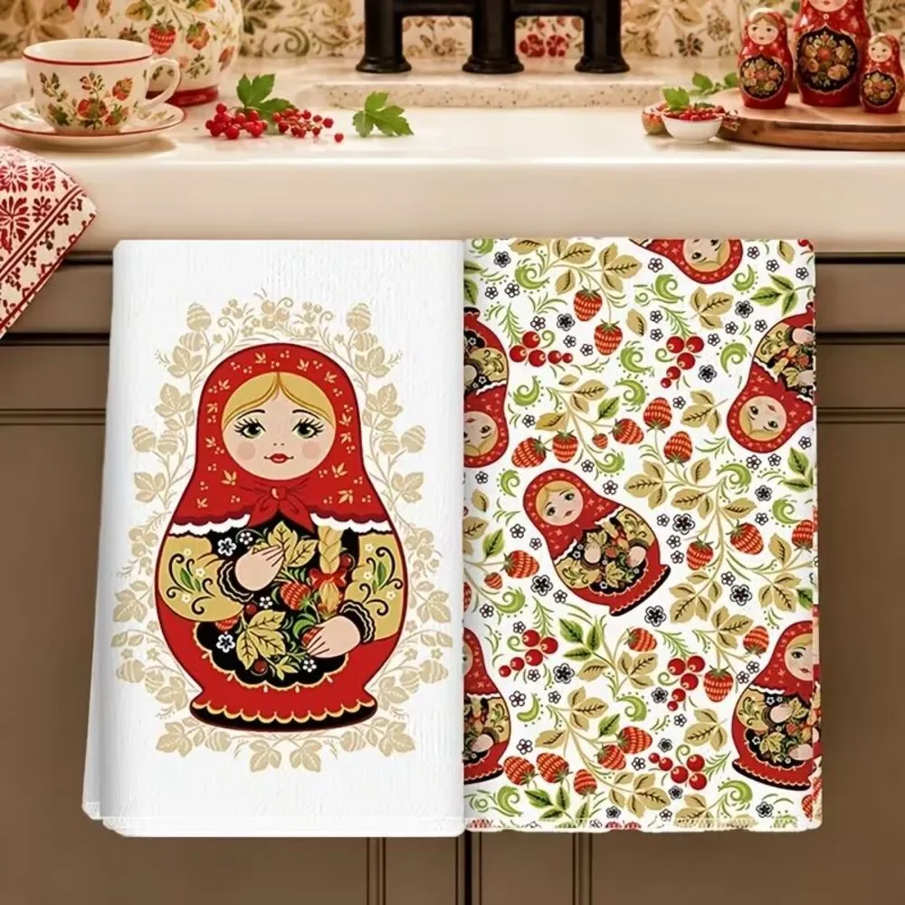 Russian Matryoshka Nesting Doll Microfiber Kitchen Towels Red Floral 2-Pc Gift